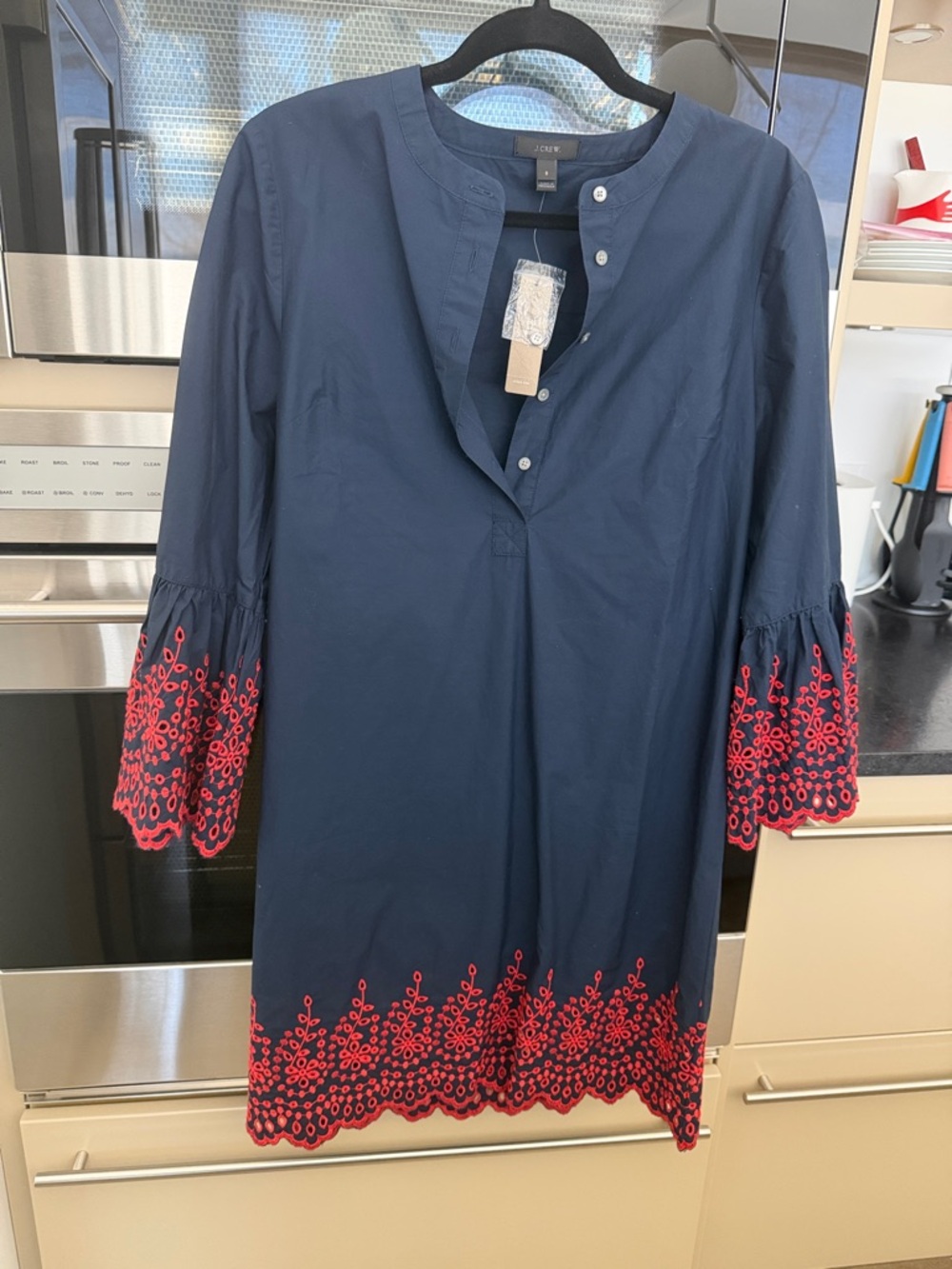 J. Crew Navy Midi Dress with Red Embroidered Hem and Sleeves